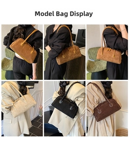 Detailed views of minimalist baguette shoulder bags in four earthy suede-like colors