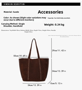 Detailed dimension chart for vintage faux suede tote bag with silver rivet accents