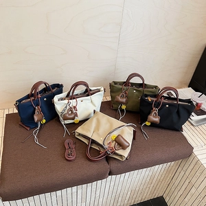 Women Casual Waterproof PU Leather Tote Bag With Pendants Simple Fashion Commuter Shoulder Crossbody Handbag
