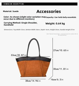 Especificaciones de tamaño del bolso tote de ante gris con indicación de peso de 0,64 kg