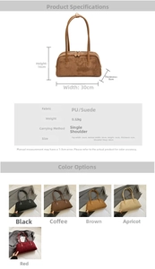 Detailed size chart and multi-color options for suede baguette tote bag with PU leather trim