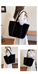 Détails du sac cabas noir avec rangées de rivets argentés et finition mate