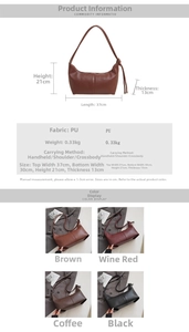 Detailed view of large crescent dumpling bag in brown PU leather with dimensions and strap