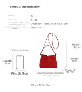 Tabella taglie borsa a tracolla in PU plissettata con confronto iPhone 16 Pro Max e misure