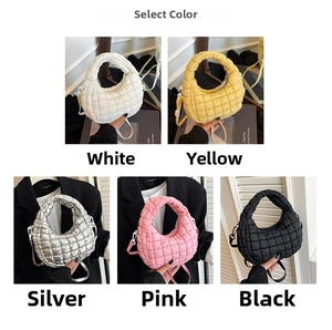 Detailed grid view of quilted bubble bags in white, yellow, silver, pink, and black