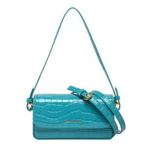 Chic Tiffany blue crocodile pattern crossbody bag with gold hardware on white background