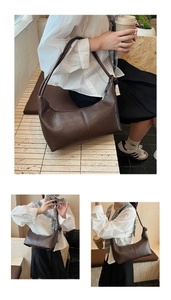 Detail of dark brown leather crescent bag with knot strap and model wearing perspective