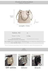 Detail view of bow pleated crossbody bag with metal chain handle and size dimensions