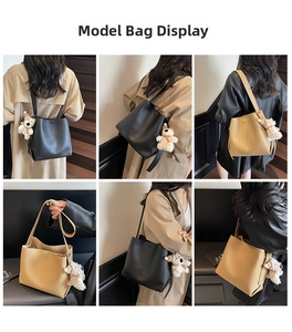 Detailed views of the large bucket bag in black and khaki with cute plush bear charms