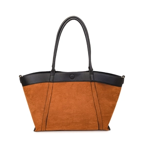 Bolso tote retro grande en gamuza marrón y cuero sintético negro para el uso diario
