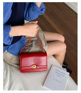 Detail of red leather crossbody bag featuring gold twist lock and metal chain strap