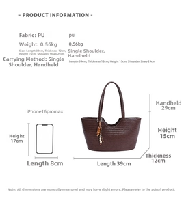 Size chart showing large woven tote bag dimensions with iPhone for scale comparison