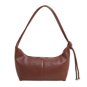 Brown half-moon hobo bag with smooth leather finish, knot handle and silver metal beads