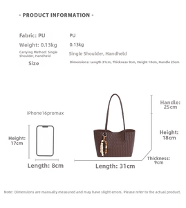 Size comparison and specifications of the woven tote bag with dimensions and phone scale