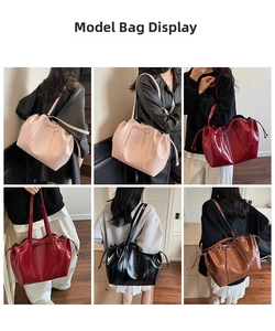 Collage of fashion tote bags in pink, burgundy, black, and brown shown on a model