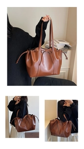 Detail view of brown faux leather tote bag with bow accent and side drawstrings