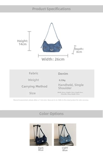 Detailed dimension chart showing size and fit for retro denim shoulder bag