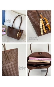 Detail of brown woven tote bag featuring colorful wooden beads and a spacious interior