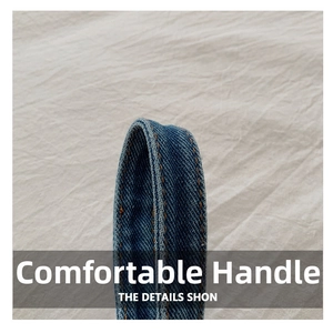 Close-up detail of reinforced denim shoulder strap with high-quality stitching on a blue bag