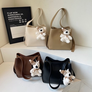 Minimalist faux leather bucket shoulder bag in four colors with cute plush bear pendant