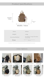 Detailed size chart for small canvas crossbody bag showing 14x19x9cm dimensions and specs