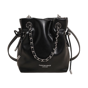 Modern black chain bucket bag made of PU leather with drawstring and silver lettering