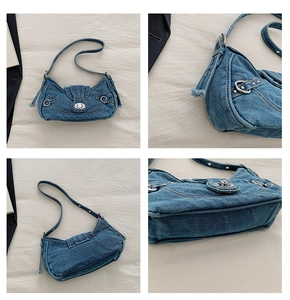 Detailed views of vintage denim shoulder bag with silver buckles and stud accents