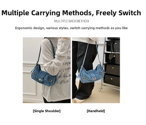 Detail of blue denim underarm bag showing versatile shoulder and handbag carry styles