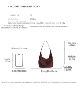 Detailed dimension chart for large suede tote bag with phone size comparison scale