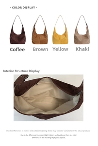 Detail showing various colors and large interior capacity of the suede tote bag