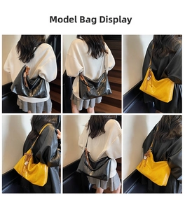Detail shots of large hobo bags in black and yellow colors with leather drawstring charms