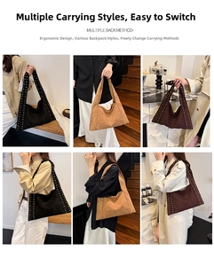 Multiple carrying styles for large studded suede tote bag in various colors