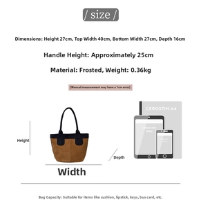 Size chart showing large matte tote bag dimensions 40x27x16cm and A4 paper comparison