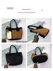 Multi-angle view of two-tone tote bag with brown suede texture and black handles