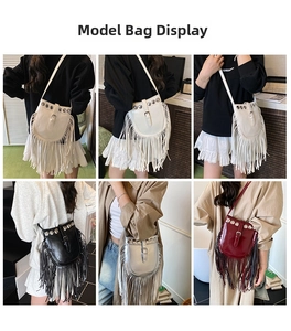 Detail shots showing bohemian bucket bag with fringe tassels and metal studs in multiple colors