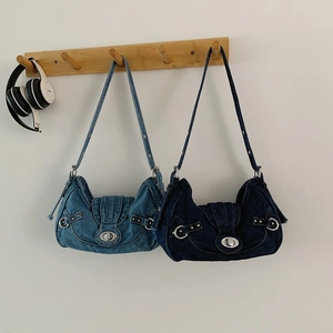 Denim Underarm Bag Vintage Y2K Retro Streetwear Shoulder Purse With Alloy Hardware And Adjustable Strap For Women