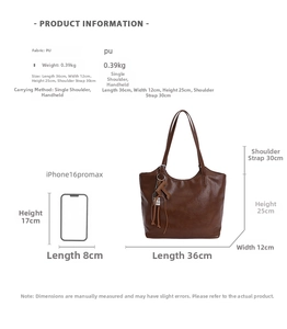 Size comparison of large brown tote bag with iPhone 16 Pro Max showing dimensions