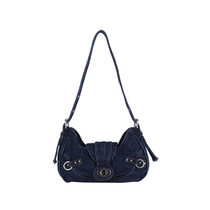 Vintage dark blue denim underarm bag with silver hardware and adjustable strap
