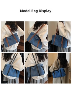 Collage di grandi borse tote in denim che mostrano tessuto blu e manici in pelle