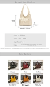 Detailed size specifications and color options for the oil wax leather bow tote bag