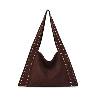 Brown suede tote bag with metallic rivet trim and a vintage minimalist triangle shape