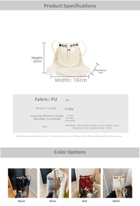 Size chart for tassel crossbody bucket bag showing dimensions, PU material, and weight