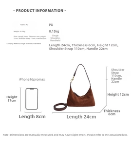 Brown PU tote bag dimensions detail showing size comparison with iPhone 16 Pro Max