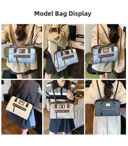 Collage of denim and canvas multi-way bags showing shoulder, handbag and backpack styles