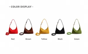 Detailed color display of moon-shaped suede shoulder bags in five different colors
