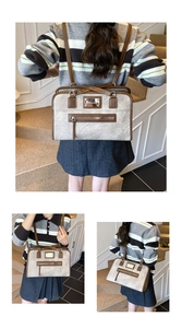 Three-way view of a grey marble texture backpack with brown trim and metal logo plate