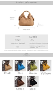 Detailed size chart and multi-color selection of suede dumpling bags in six vibrant shades