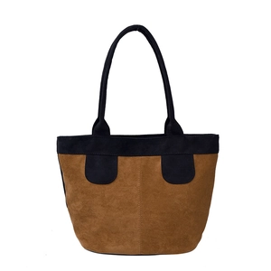 Retro stylish bicolor tote bag in brown suede and black leather with large capacity