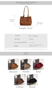 Detail view of large faux suede tote bag dimensions and multi-color product range