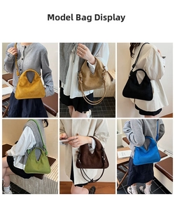 Collage of chic suede dumplings bags in six colors with stylish knotted handles